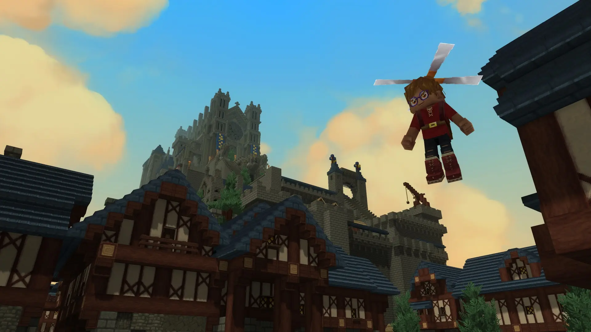Un aventurier plane au-dessus d'une ville à colombages et de sa cathédrale, dans Hytale