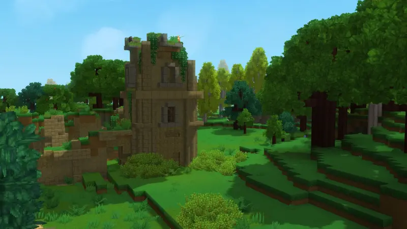 Paysage de Hytale avec village et montagnes